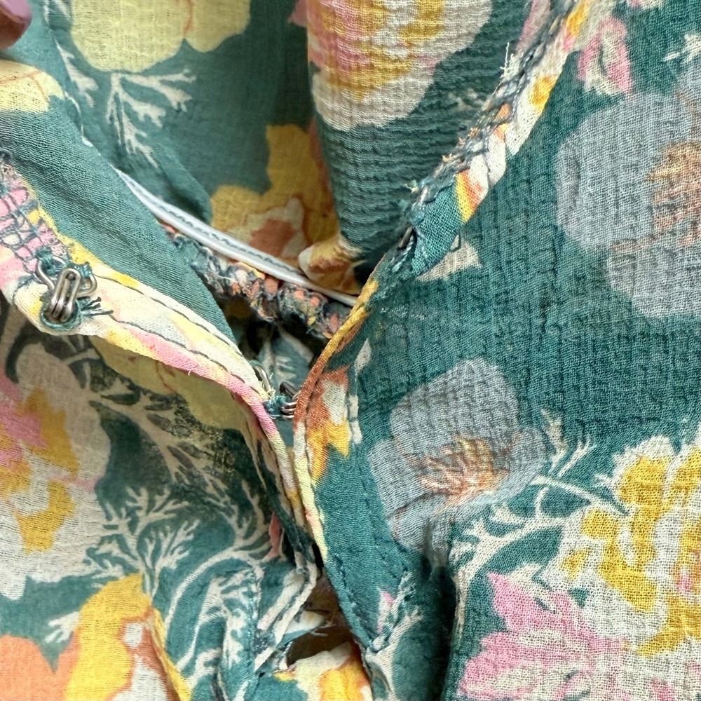 Free People Womens Teal Floral Ruffle Tie Front Cottagecore Boho Feminine Blouse - Picture 6 of 8